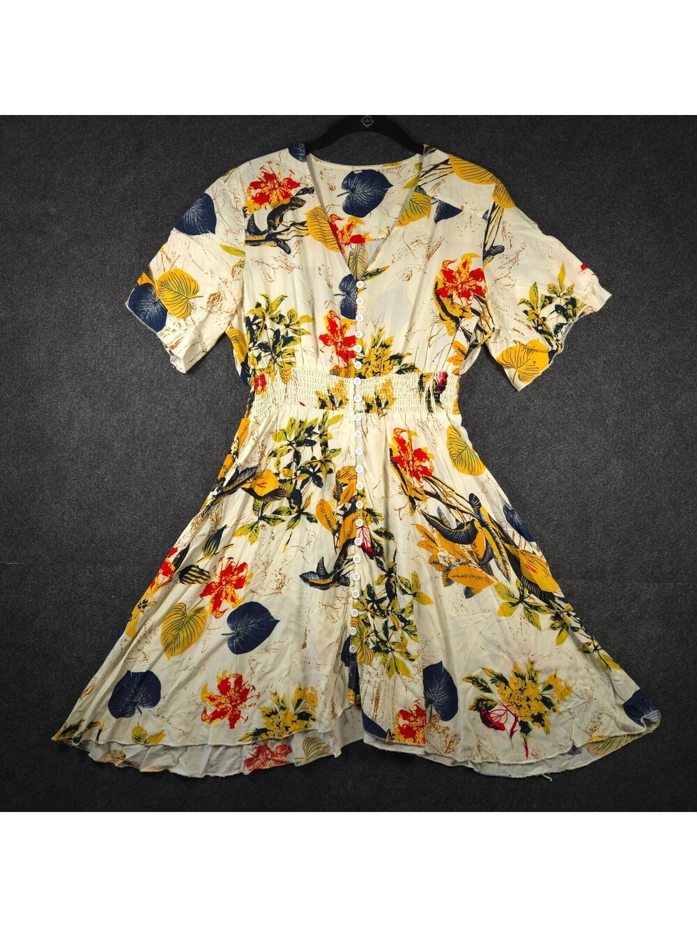 Boho Tropical Dress Femme Medium Botanical Smocked Waist Cottagecore Resort